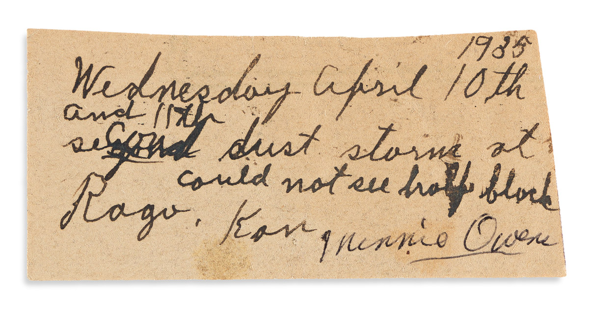 (WEST--KANSAS.) Jar of dust gathered in Kansas during the Dust Bowl, with note.